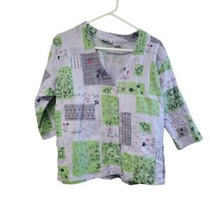 Onque Womens Linen Patchwork Button Up Shirt Purple Green Floral Size S